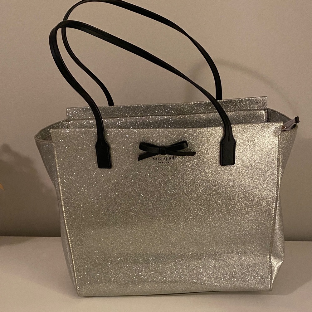 Kate Spade Sparkling Silver Tote with Black Handles